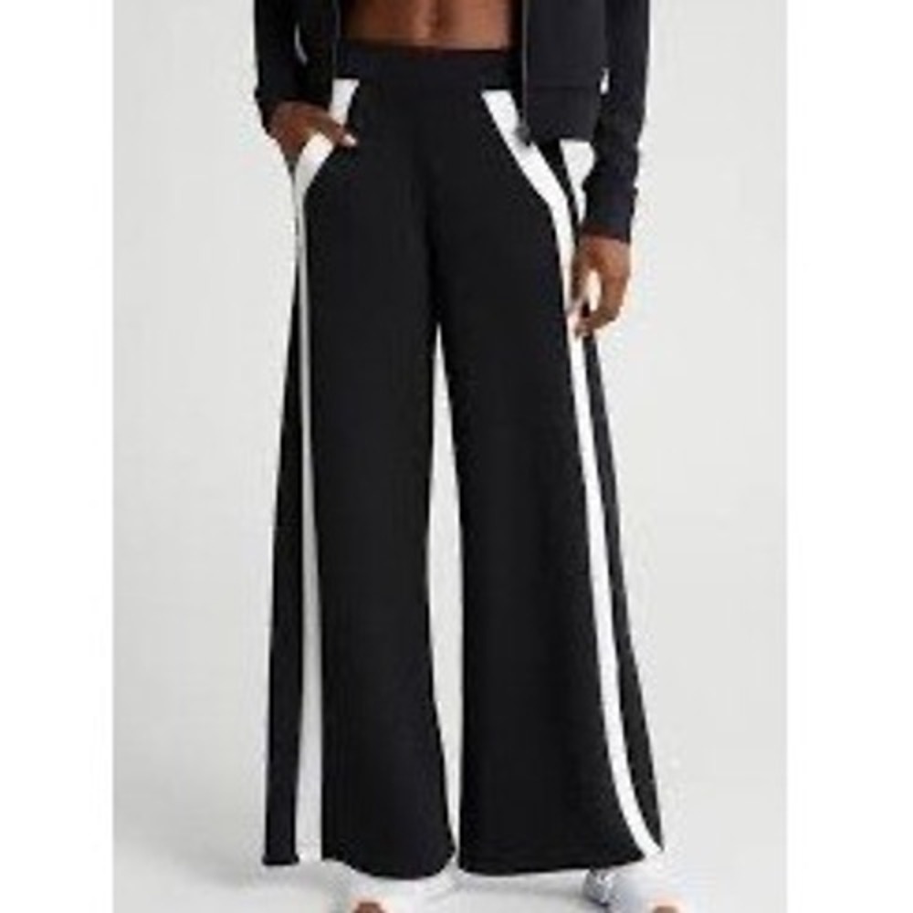 SPANX AirEssentials Striped Track Pant Very Black White Accent Wide Leg L NWT